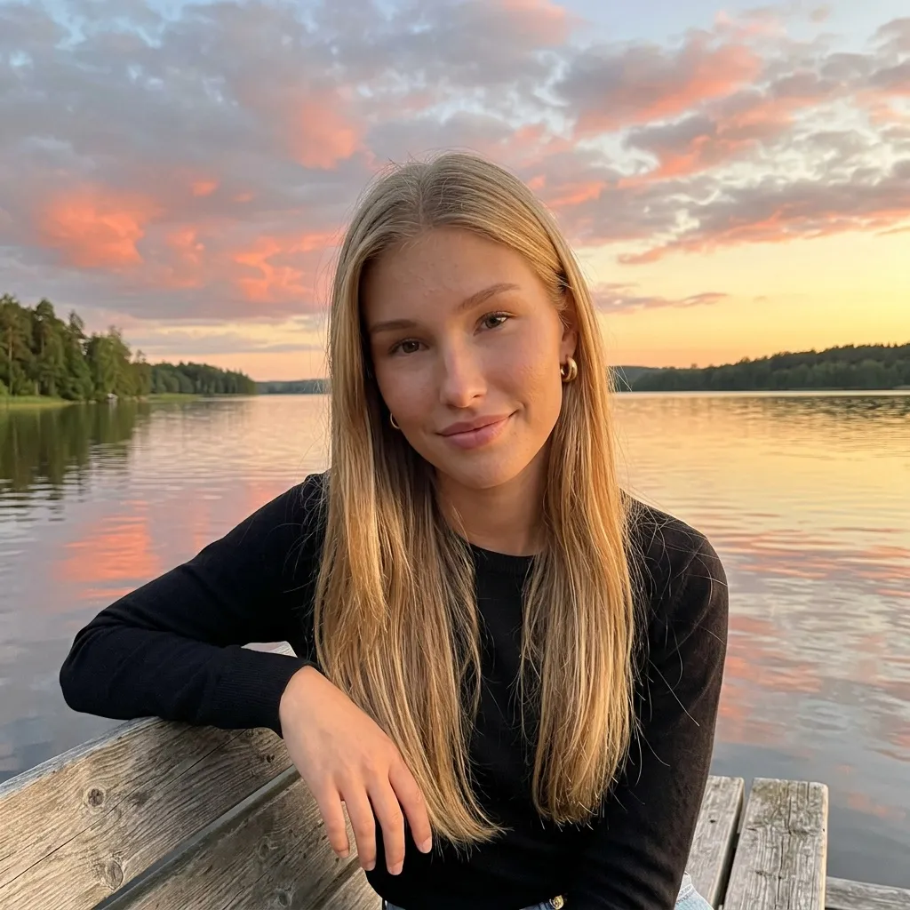 La même influenceuse IA au bord d’un lac, au coucher du soleil