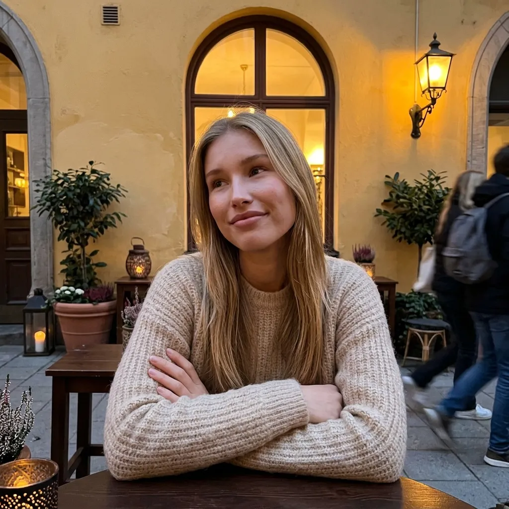 Portrait d’une influenceuse IA en terrasse de café, au coucher du soleil